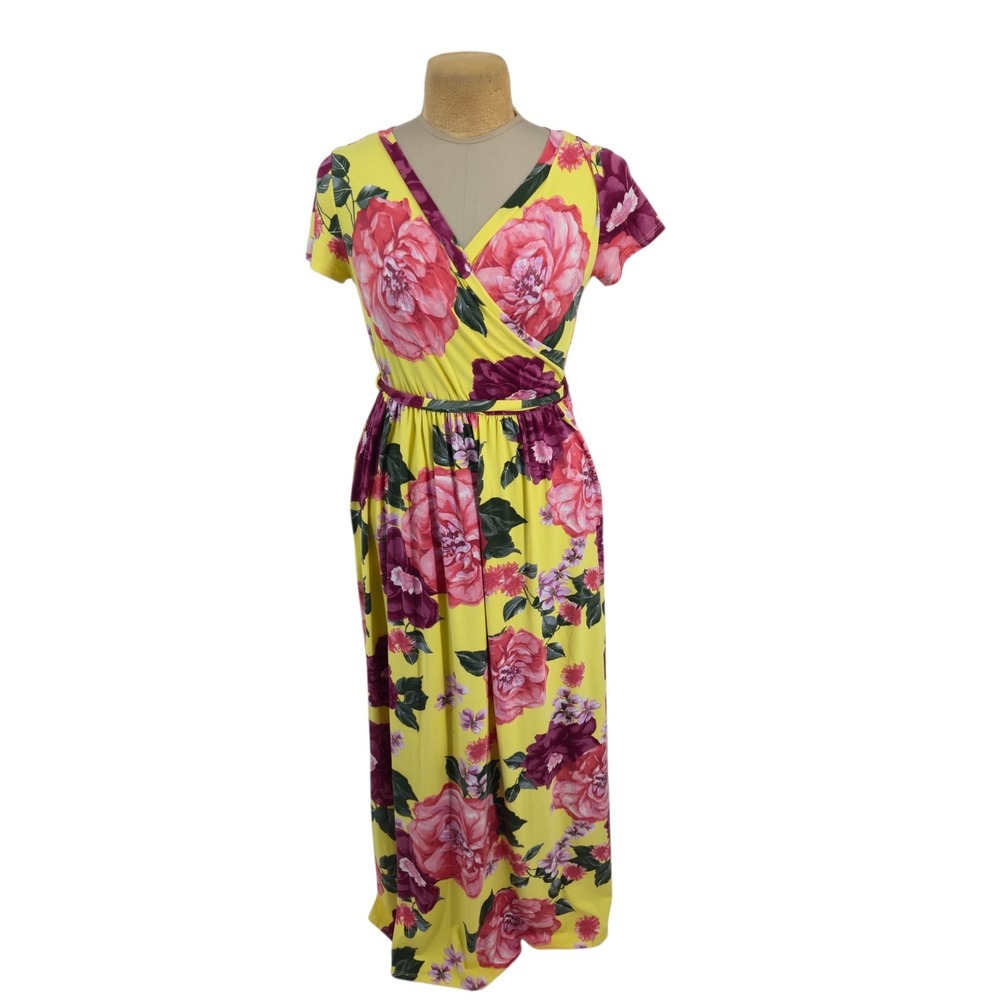 Betsey's Boutique Shop Floral Faux Wrap Maxi Dress S Yellow Pink Pockets Travel